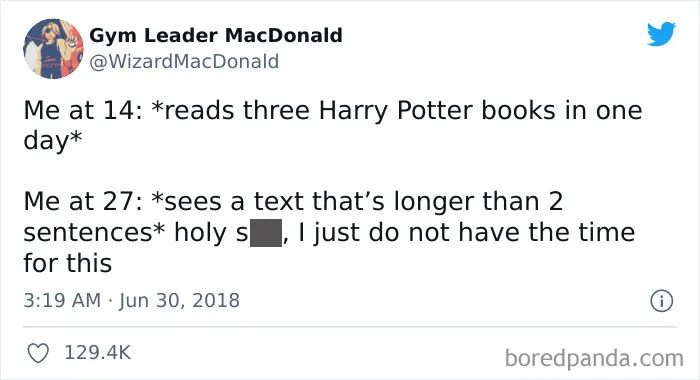 Funny adult meme about changing reading habits from age 14 to 27, highlighting humor in growing up.