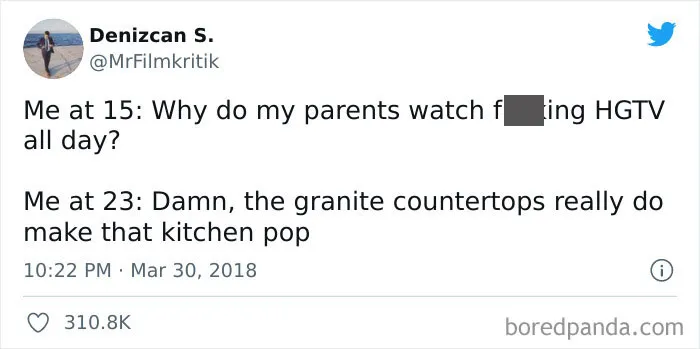 Tweet showing a funny adult meme about growing appreciation for HGTV and granite countertops.