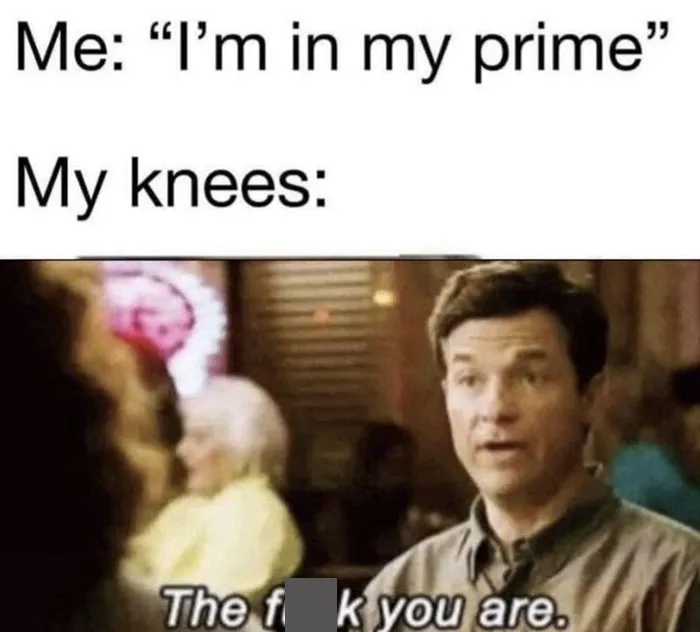 Funny adult meme with humorous text about aging and knee pain, featuring a surprised man's reaction.