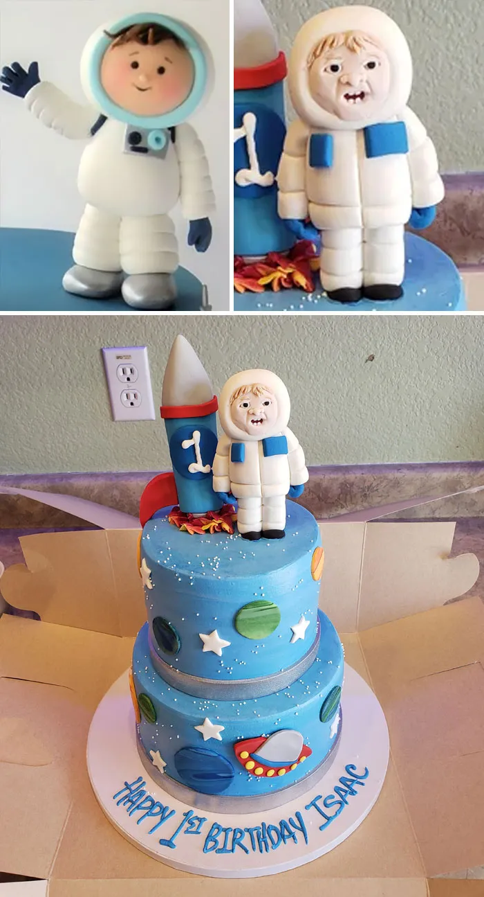 Mi hijo cumplió ayer un año. Este fue el adorno de su pastel con temática espacial. A la izquierda es lo que pedimos, a la derecha es lo que recibimos