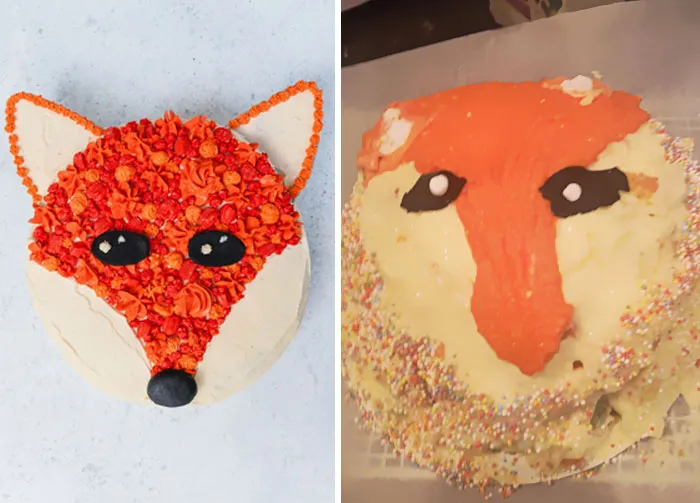 Fox-themed cake fails, showing humorous decorating attempts side by side.