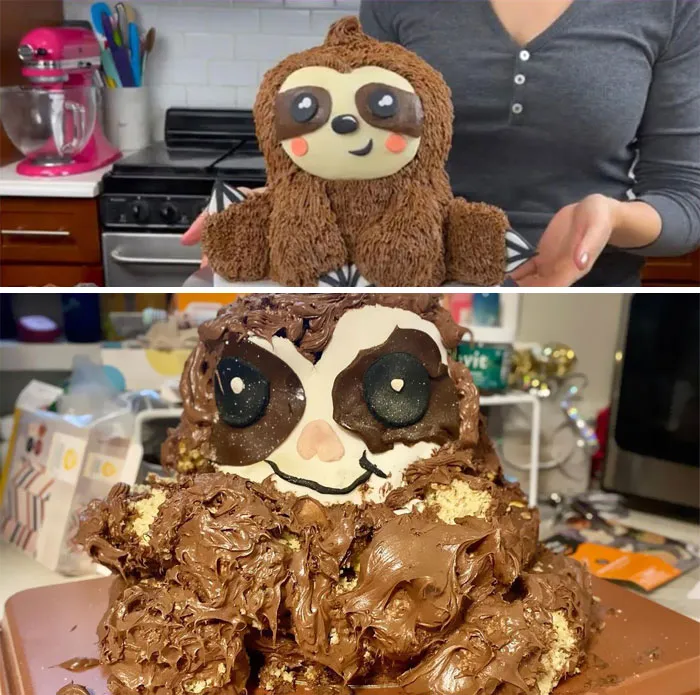 Sloth cake fail with a messy frosting attempt compared to the intended cute design.