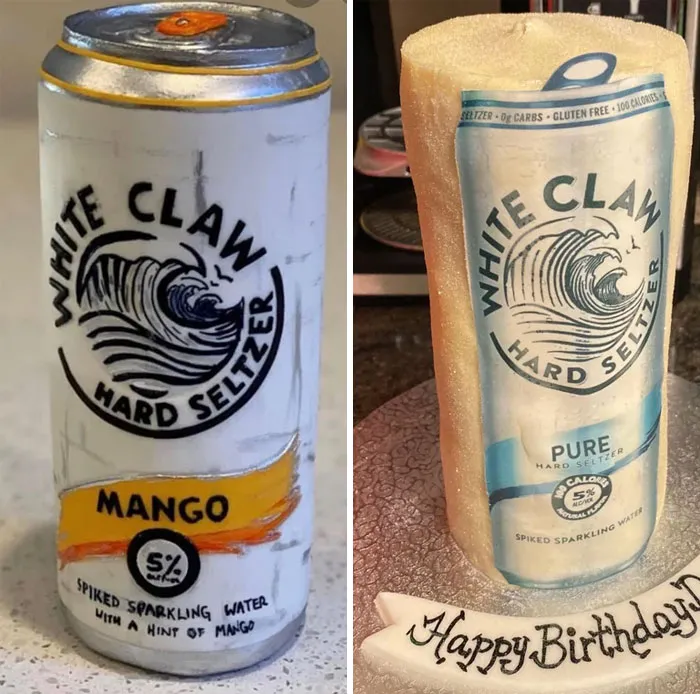Realistic cake resembling White Claw cans, showcasing funny cake fails in baking creativity.