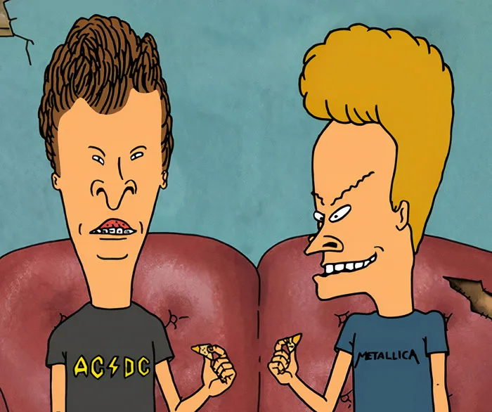 Beavis and Butt-Head sitting next to each other on the sofa and eating