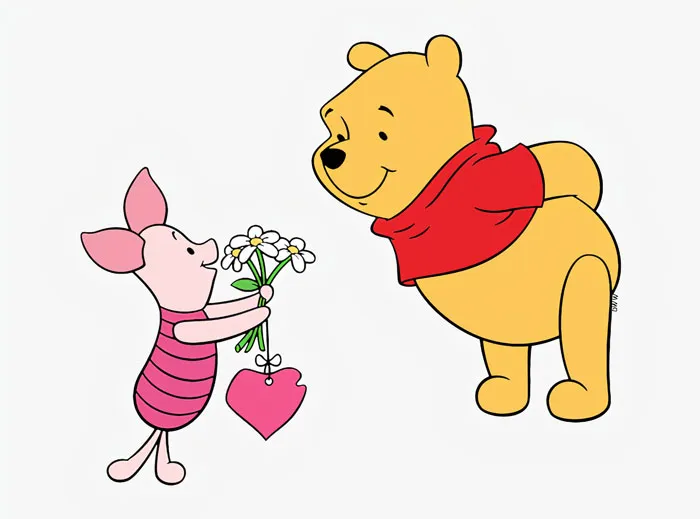 Piglet giving flowers to Winnie the Pooh 