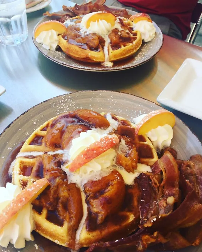 Waffle Topped With Fresh Ontario Peach’s Poached In Red Wine, Hamilton Ontario