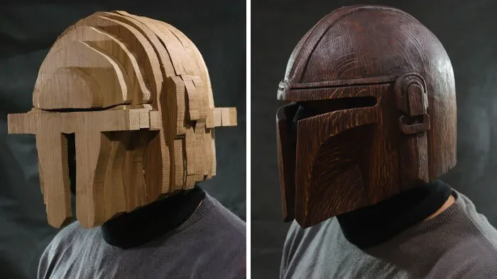 Casco de madera mandaloriano. Tallado en madera de roble. Tomó 6 días hacerlo