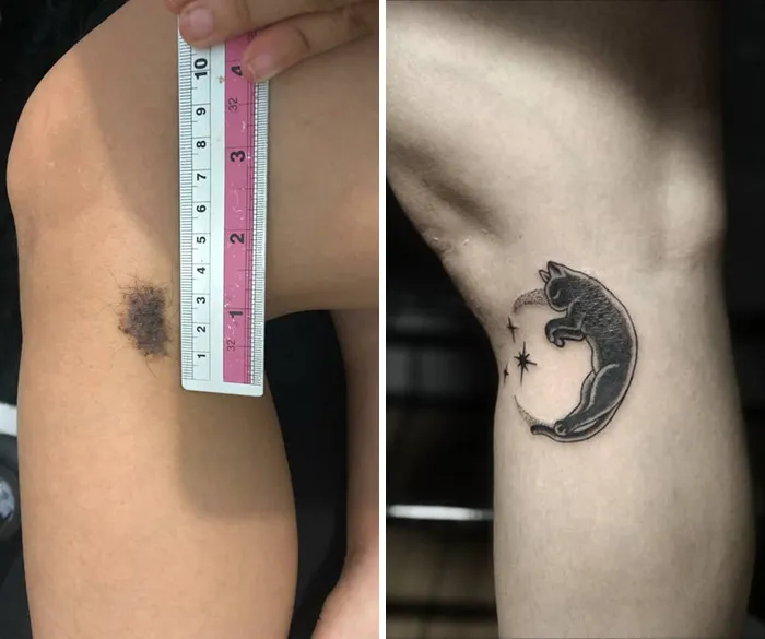 Tattoo cover-up transforming a birthmark on an arm into a playful cat design, showcasing creativity and artistry.