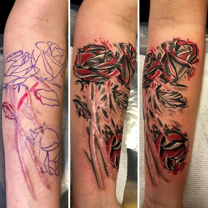 Scar cover-up tattoo transformation with red and black rose design on forearm.