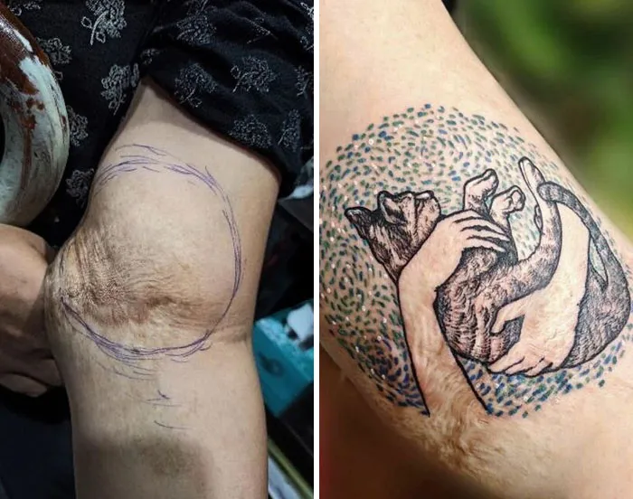 Tattoo art transforming scars into cat design, showcasing a creative cover-up solution.