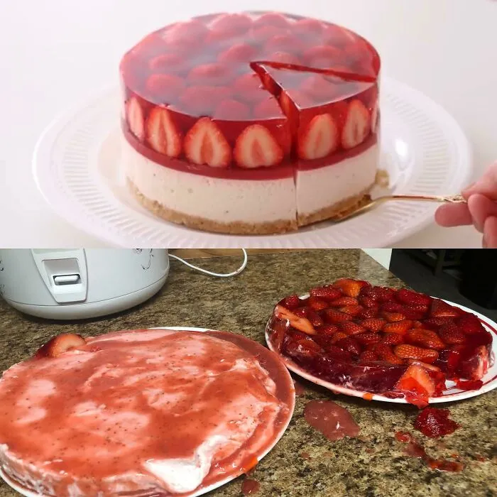 Perfect cake contrasted with a messy cheesecake fail on a kitchen counter.
