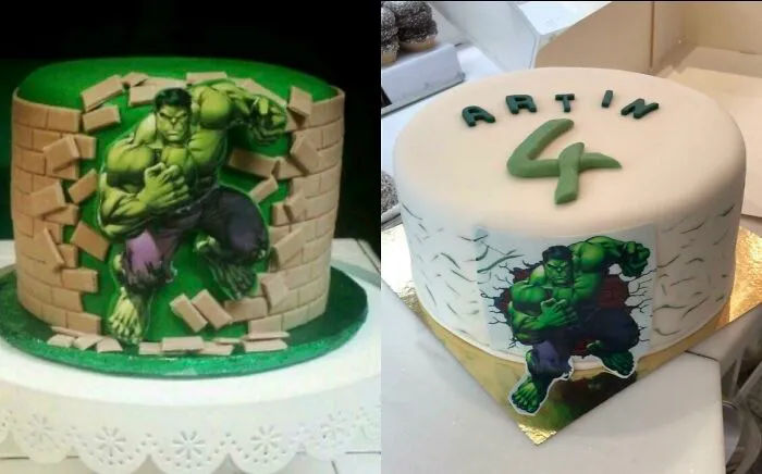 Funny cake fail featuring Hulk breaking through a wall design, with altered text for a birthday.
