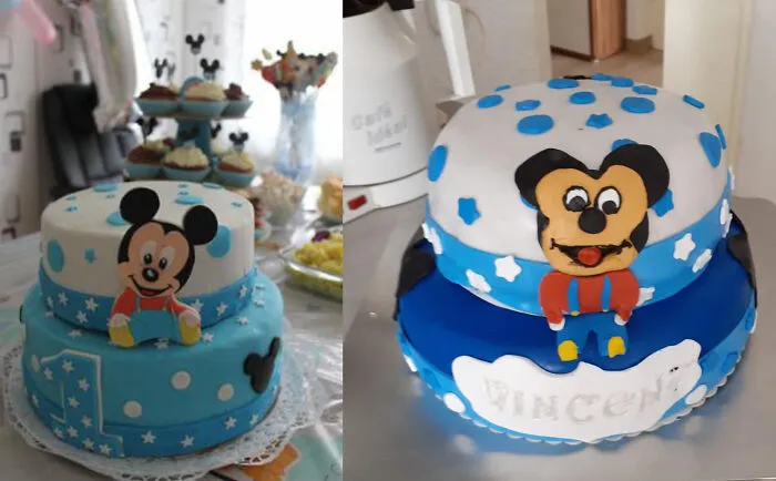 Two-tiered cake with Mickey Mouse design, showcasing a funny cake fail with lopsided features and uneven frosting.