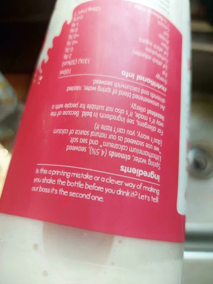 Upside Down On The Back Of An Innocent Almond Drink