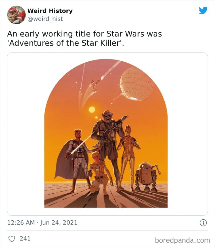 Illustration of sci-fi characters and robots at sunset, showcasing a weird history fact for history and trivia lovers.