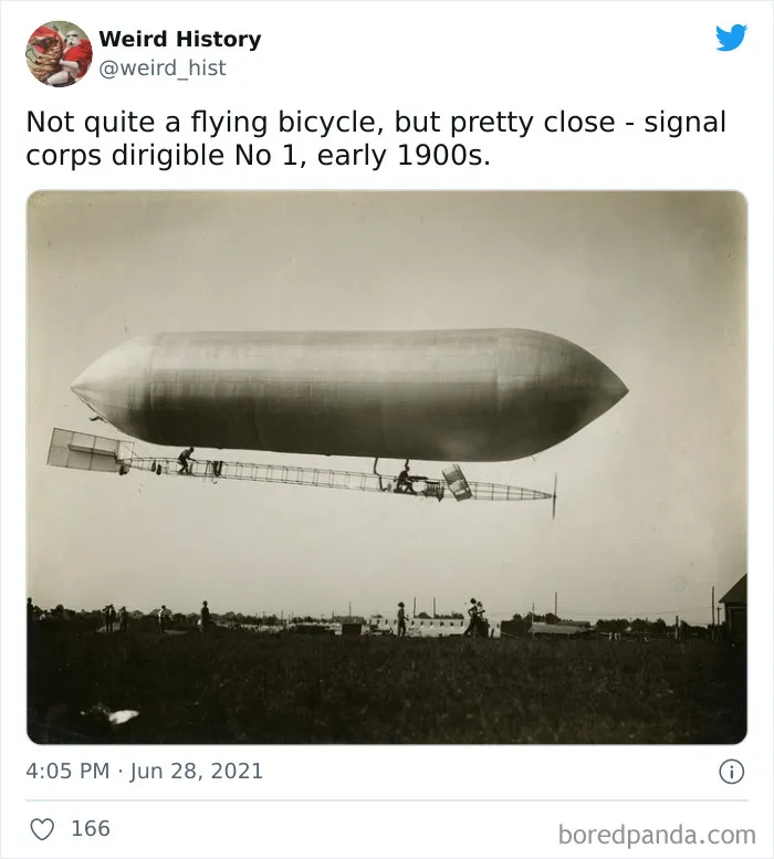 Early 1900s signal corps dirigible No 1 flying over a field, showcasing weird history and vintage aviation trivia.