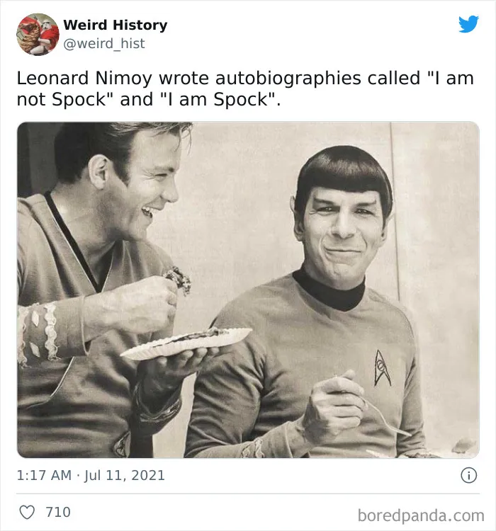 Vintage black and white photo of Leonard Nimoy as Spock with a co-star, illustrating weird history facts trivia.