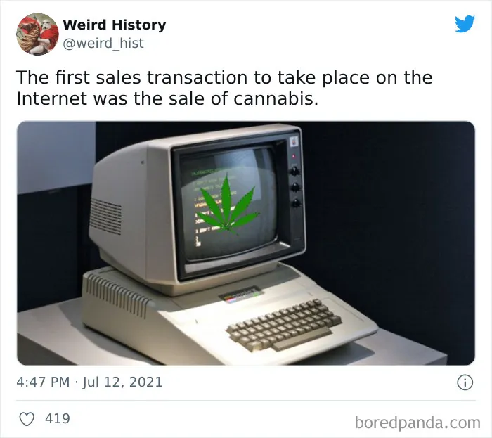Vintage computer displaying a cannabis leaf on screen with a tweet about the first internet sales transaction in weird history facts.