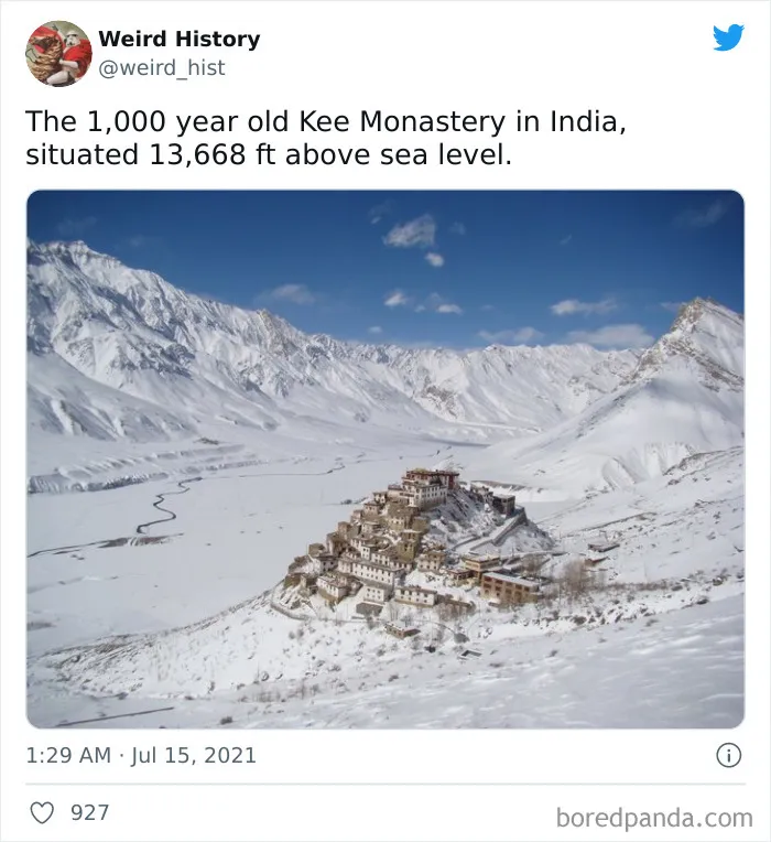 Kee Monastery in India covered in snow, situated at high altitude among snowy mountains, weird history and trivia fact.