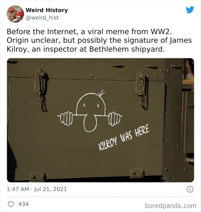 Graffiti of Kilroy Was Here meme on a military vehicle, a popular weird history fact from World War II.