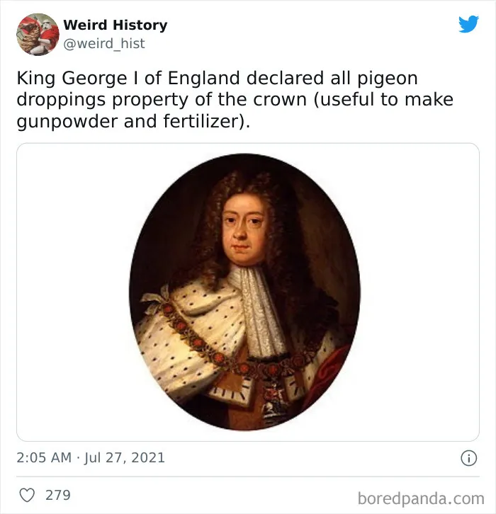 Portrait of King George I of England with a note about weird history facts involving pigeon droppings and royal decrees.