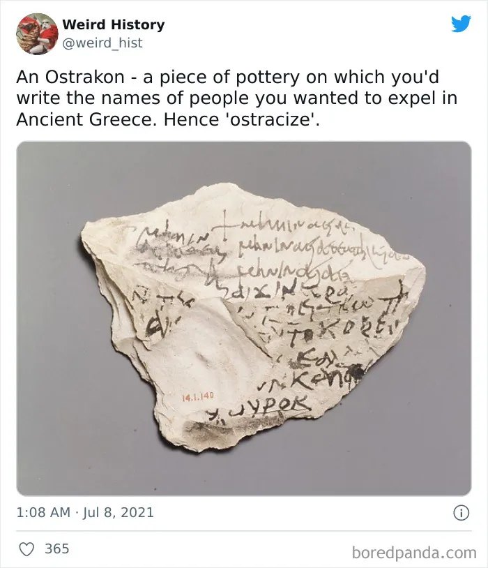 Ancient Greek ostrakon pottery shard with inscriptions used to vote for expelling people, weird history fact.