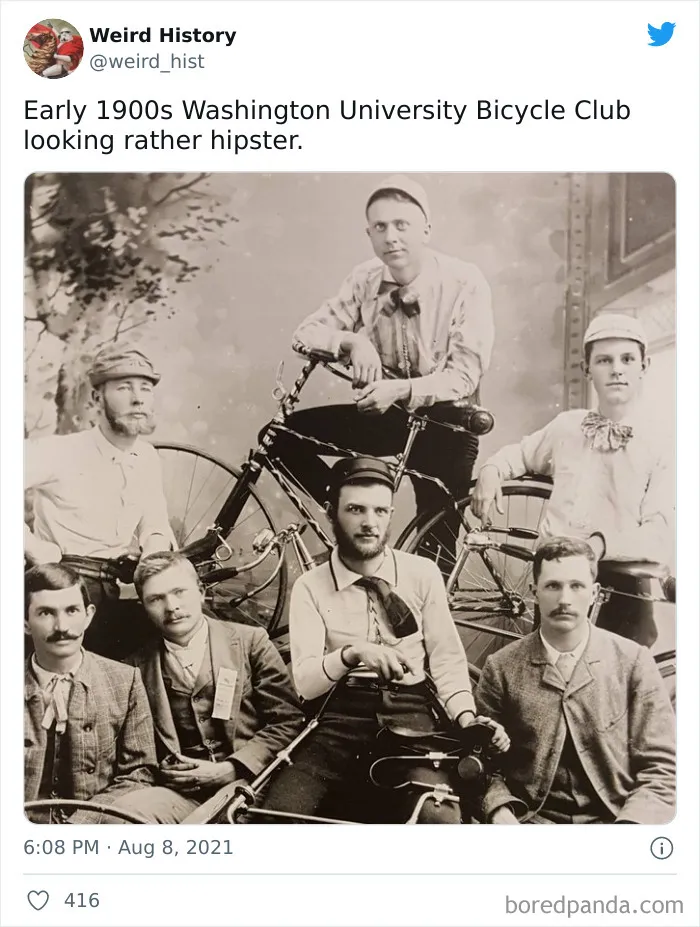 Early 1900s Washington University Bicycle Club group photo, showing vintage attire and bicycles for weird history facts.