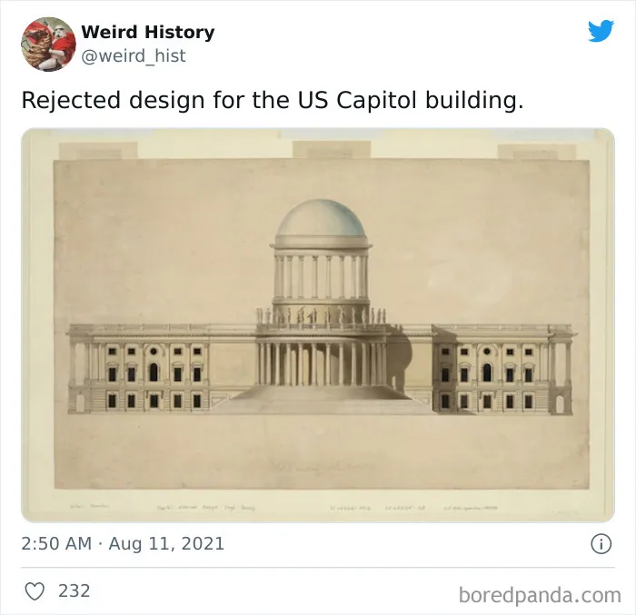 Rejected architectural drawing of the US Capitol building, showcasing a unique and weird history design concept.