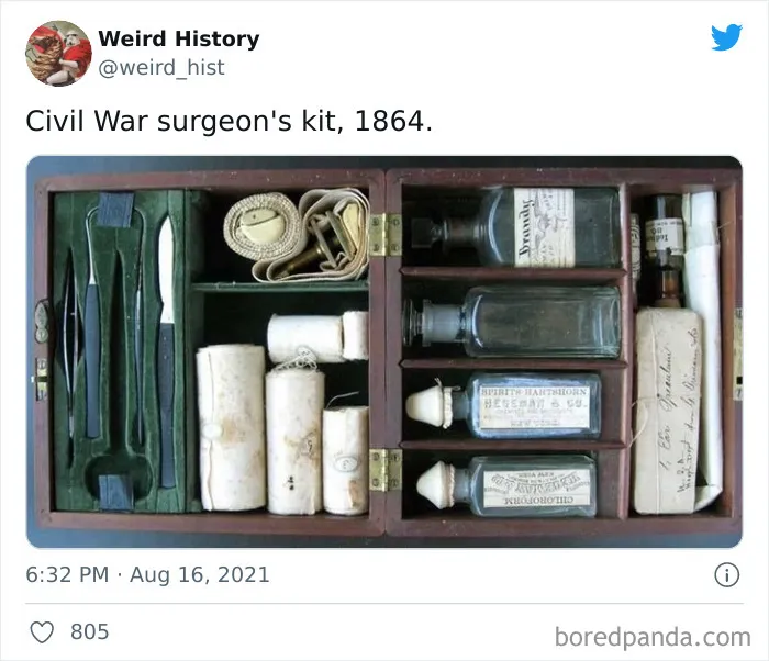 Civil War surgeon's kit from 1864 featuring vintage medical tools and bottles in a wooden case with green felt lining.