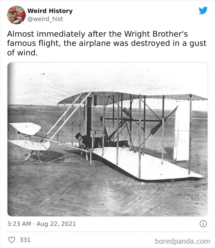 Early Wright Brothers airplane on the ground after its first flight, featured in weird history facts for trivia lovers.