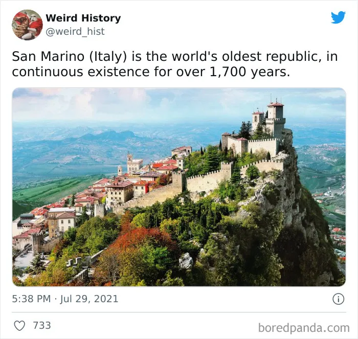 San Marino fortress on a hill showcasing historic architecture and scenic landscape in a weird history fact post.