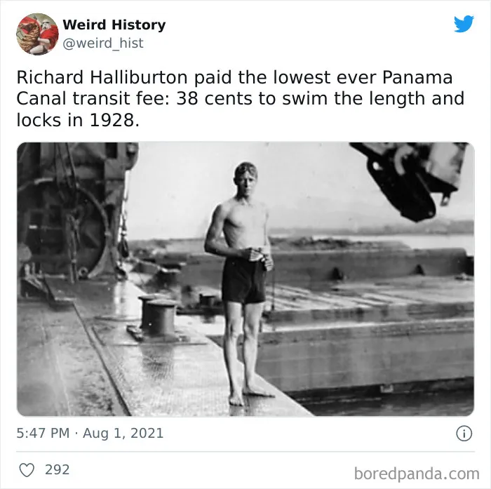 Black and white photo of Richard Halliburton in swim trunks after swimming Panama Canal in 1928, a weird history fact.