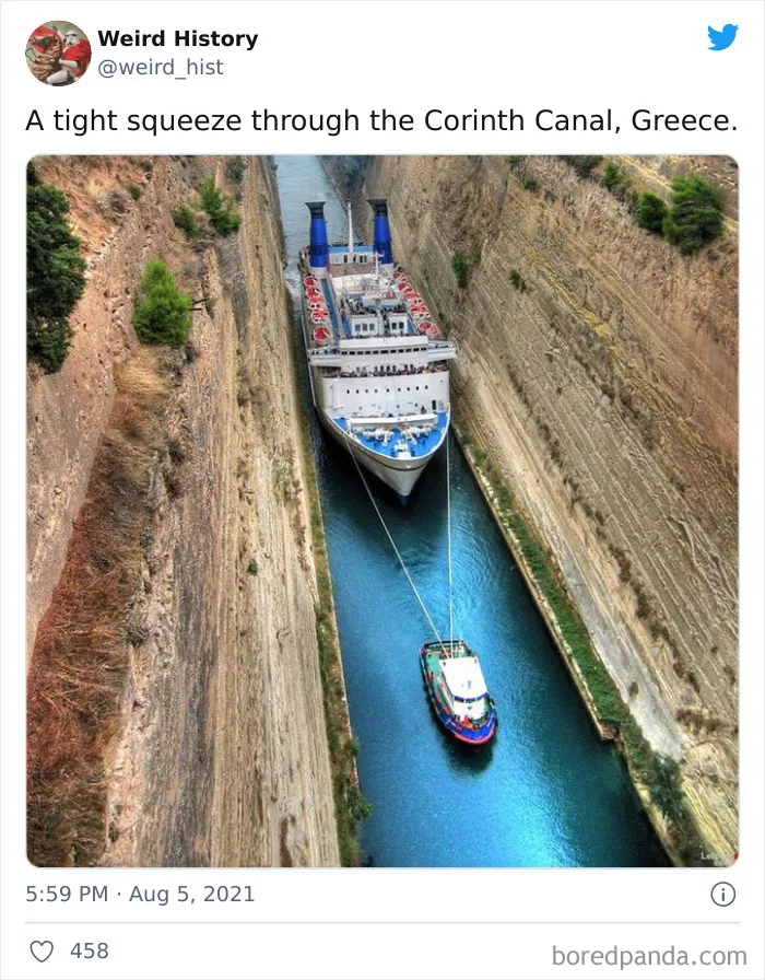 Large ship navigating a narrow Corinth Canal in Greece, illustrating a weird history fact about unique historical structures.