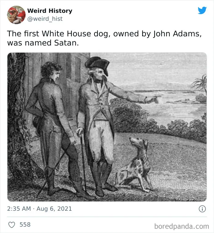 Engraving of two men in 18th-century attire with a dog, illustrating a weird history fact about the first White House dog.
