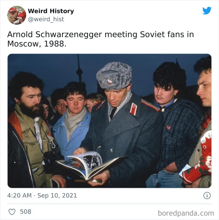 Arnold Schwarzenegger in Soviet uniform meeting fans in Moscow, a weird history moment captured in 1988.