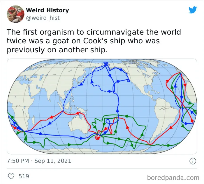 Weird history tweet showing global circumnavigation routes highlighting a goat’s historic maritime journeys on Cook’s ship.