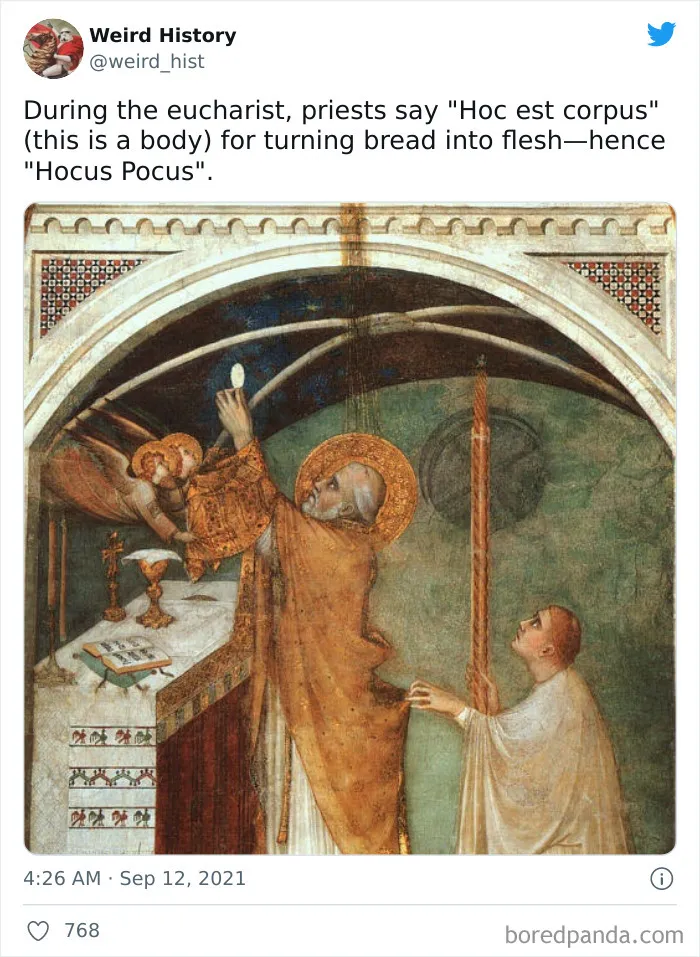Medieval priest raising Eucharist during a religious ceremony depicting weird history fact about "Hocus Pocus" origin.