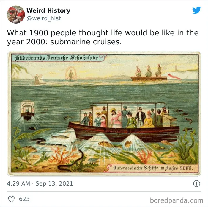 Vintage illustration showing imagined submarine cruises in the year 2000 with passengers exploring underwater life, weird history fact.
