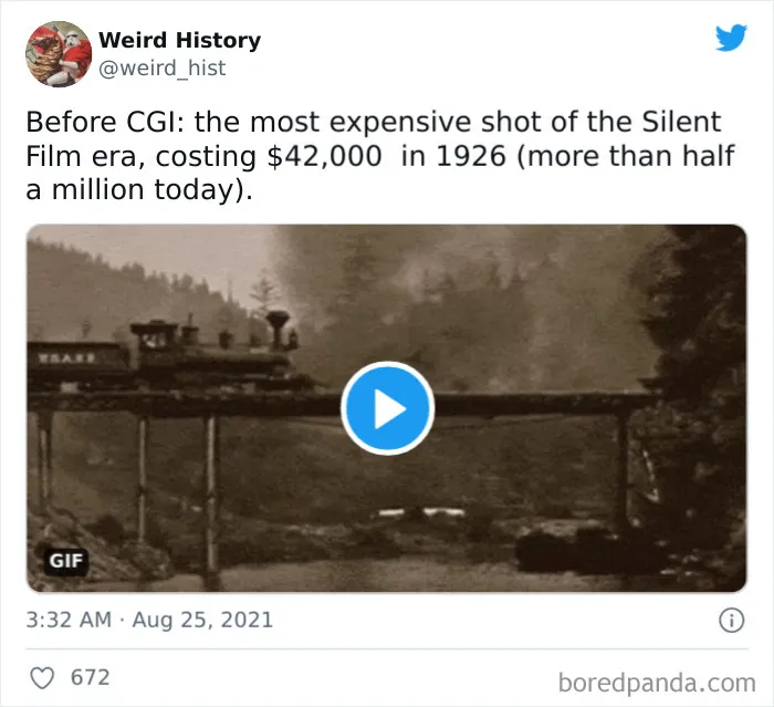 Silent Film era train scene costing $42,000 in 1926, showcasing a weird history fact for history and trivia lovers.