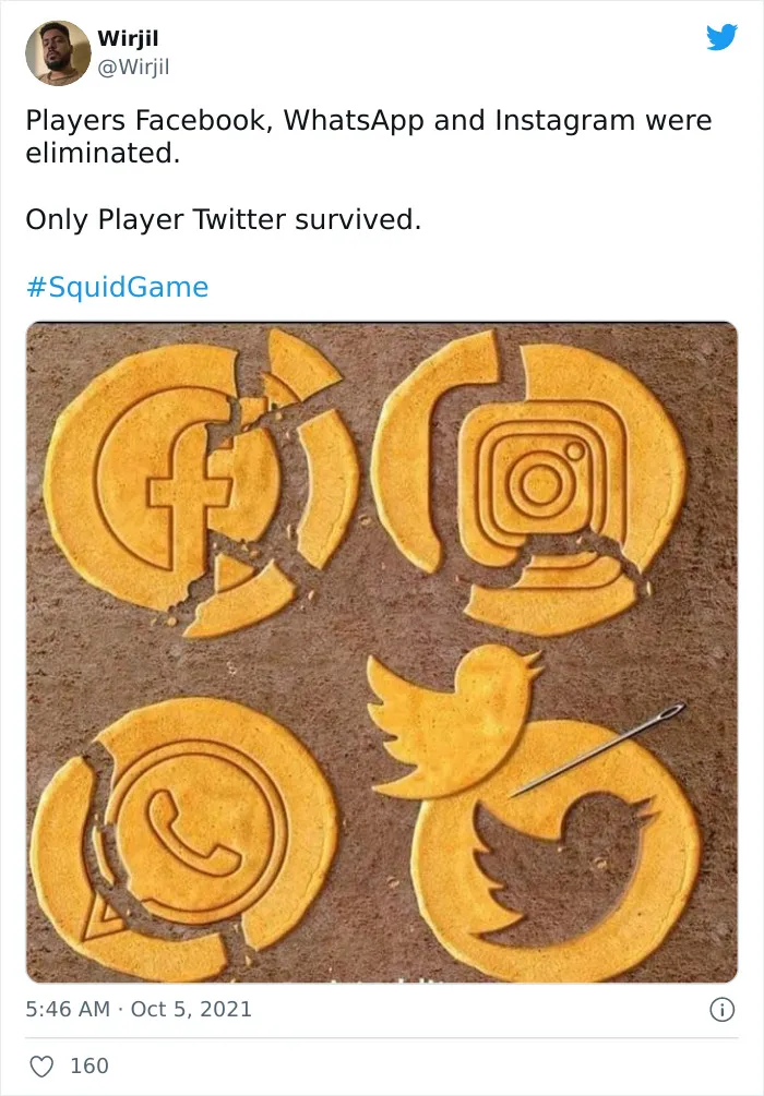 Squid Game meme of social media logos in dalgona candy with Twitter intact, others cracked.