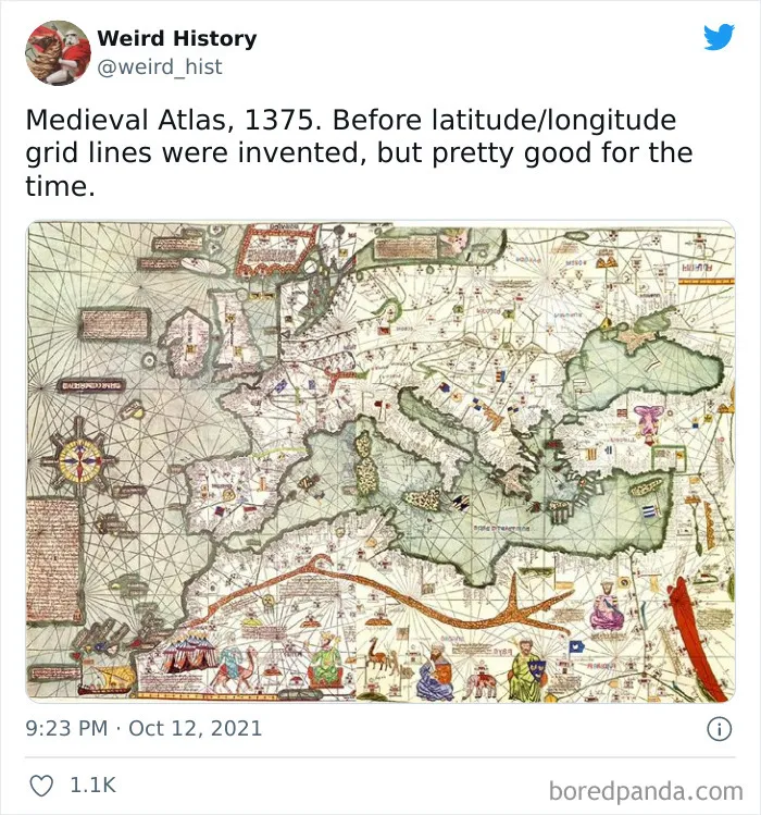 Medieval atlas from 1375 showing early map of Europe and Mediterranean with unique grid lines before modern latitude and longitude.