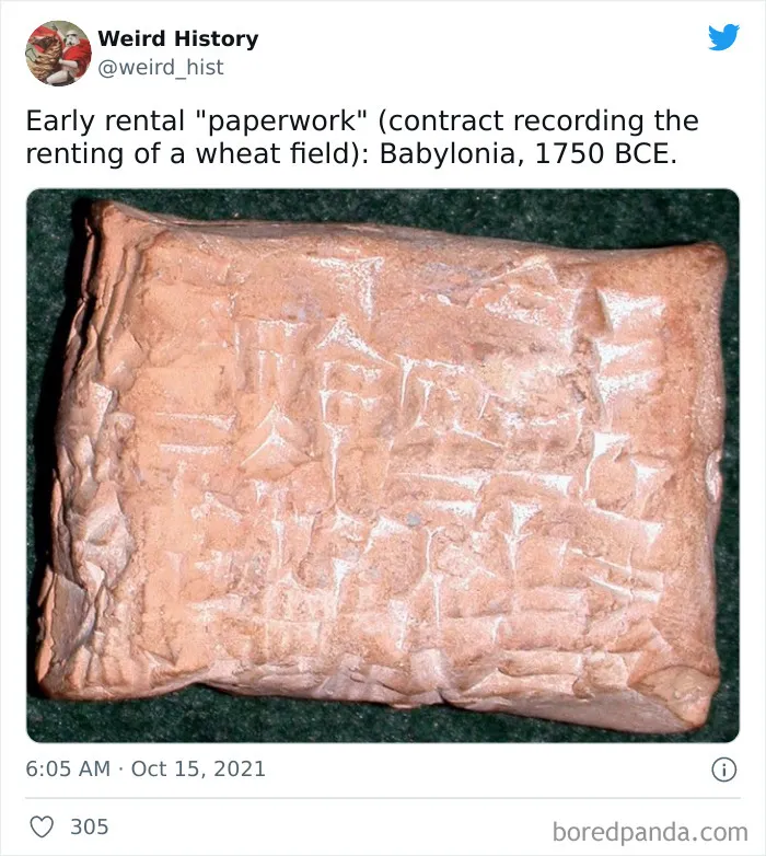 Ancient Babylonian clay tablet with early rental contract, an example of weird history facts and historical trivia.