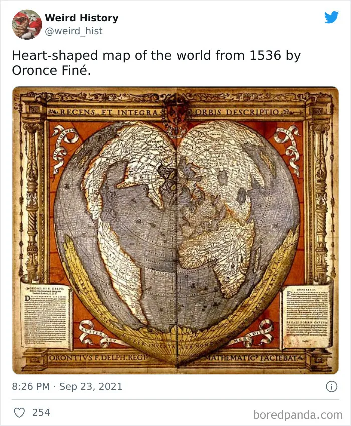 Heart-shaped world map from 1536 by Oronce Finé, showcasing a unique historical cartography fact for history and trivia lovers.