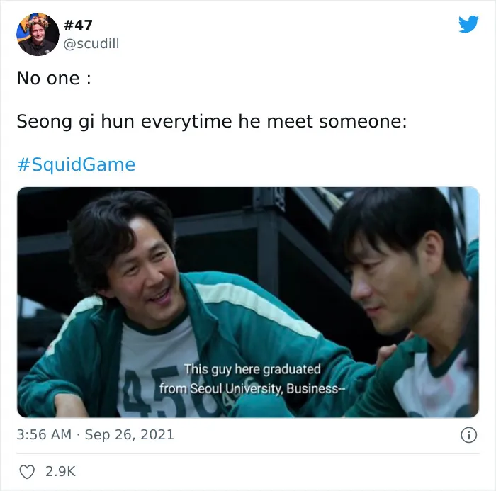 Two characters from Squid Game sharing a humorous moment, with an overlay text joke about business school.