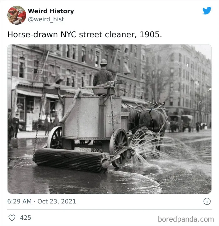 Horse-drawn street cleaner in 1905 New York City, showcasing weird history and vintage urban sanitation trivia.