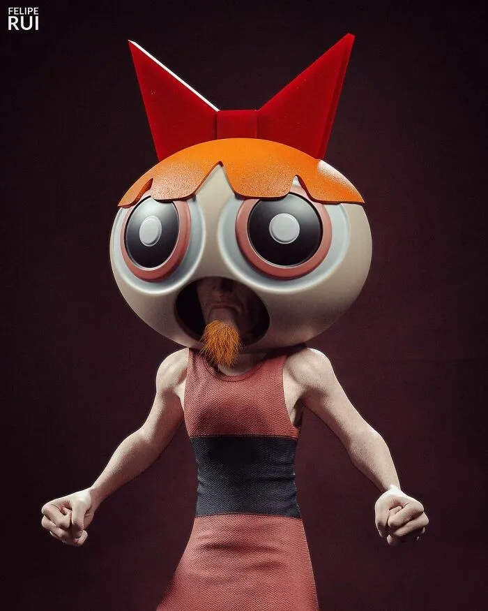 Terrifying digital art version of a popular character with a large head, exaggerated eyes, and a muscular human body.