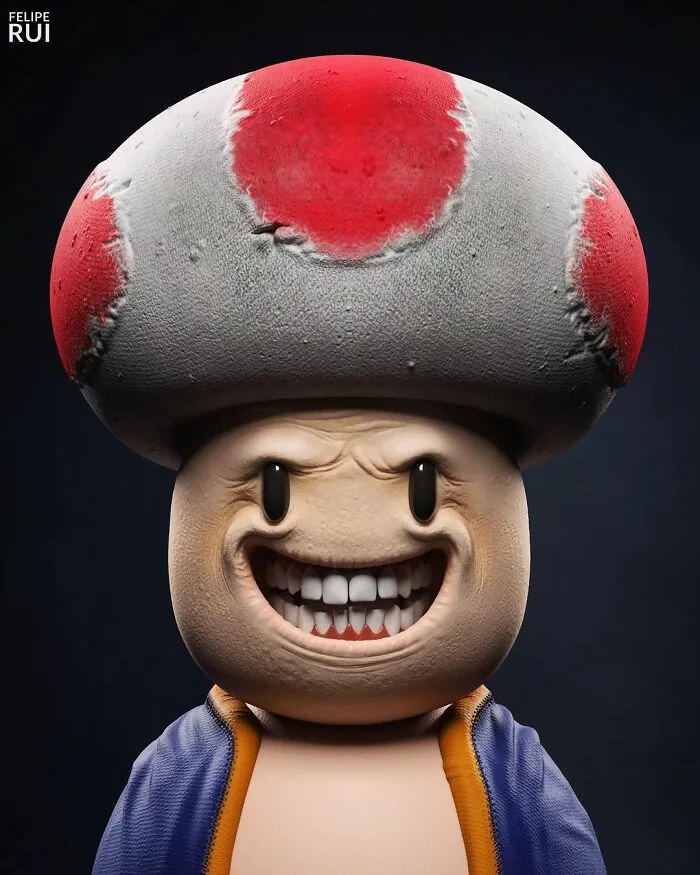 Digital artist creates terrifying versions of popular characters, featuring a creepy, realistic Toad with sharp teeth and dark eyes.