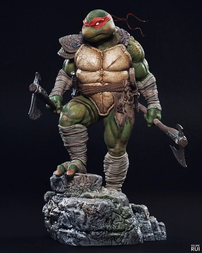 Terrifying digital art of a muscular mutated turtle character holding weapons, standing on a rocky base at night.