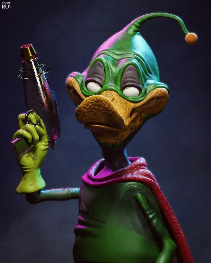 Digital artist’s terrifying version of a popular cartoon character in dark colors holding a futuristic weapon.