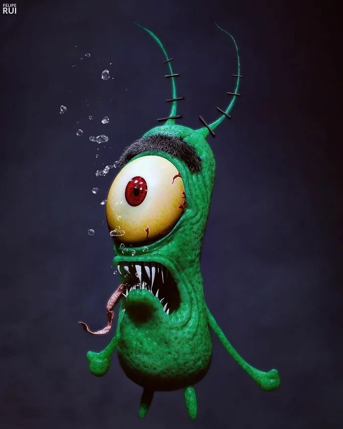 Terrifying digital art of a popular character with one large eye, sharp teeth, and green textured skin underwater.